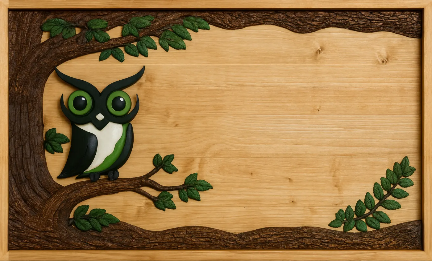 The carved wooden owl sign from the Green Owl lobby: an owl perched on an oak branch